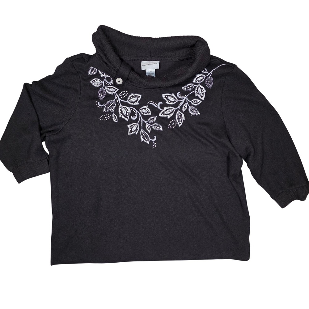 Alfred Dunner Embroidered Leaf Rib Neck Top Women XL Coastal Grandma Core Cozy